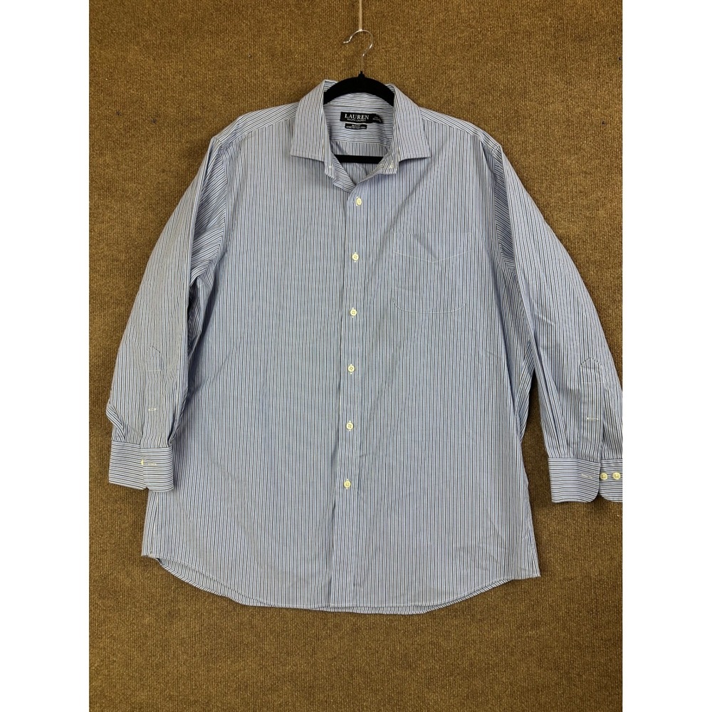 Lauren Ralph Lauren Mens 17 1/2 Slim Fit Stretch Non Iron Blue Striped Shirt